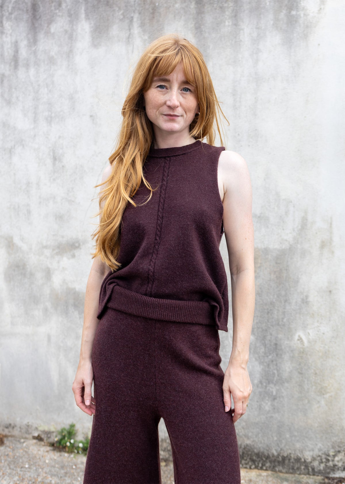 Cashmere Cable Front Vest Top | Raisin
