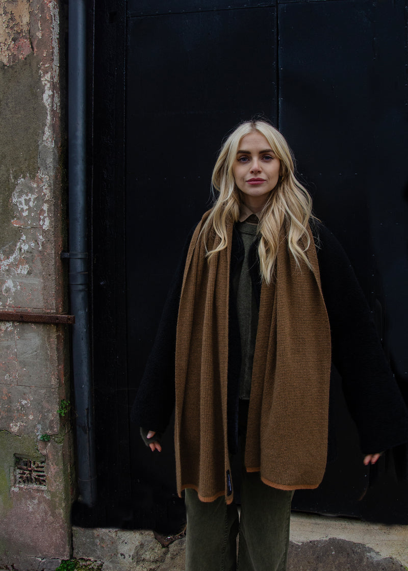 Cashmere Fine Rib Scarf | Khaki Caramel