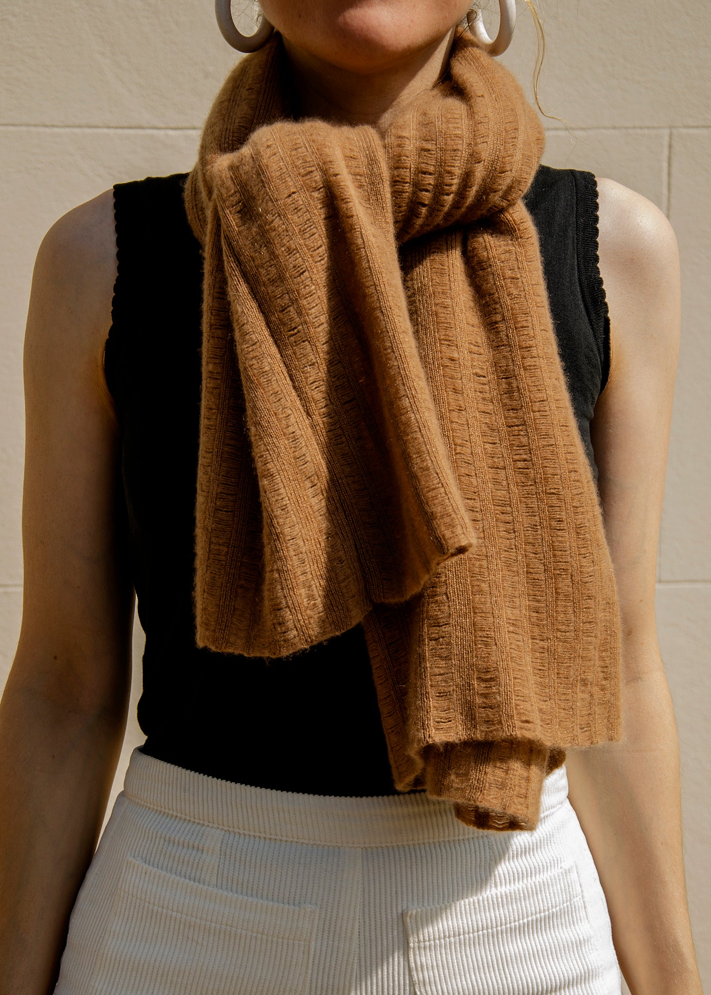 Women's cashmere scarf in caramel handcrafted in England